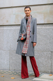 brown bag, checked scarf, chloé, fashion week, frenchystyle, full length, FW, graphic bag, grey coat, jonathan paciullo, leather bag, LFW, LONDON, model, printed bag, printed scarf, red pants, SPRING SUMMER 2018, SS 18, street style, trousers, vertical