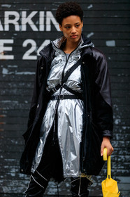 black jacket, black pants, model, paco rabanne, shiny jacket, short hair, silver jacket, trousers, umbrella, street style, jonathan paciullo, frenchystyle, NYFW, NEW YORK, AUTUMN WINTER 2019-2020, AW 19-20, FALL WINTER 2019-2020, FW 19-20, fashion week, FW, vertical, atmosphere details, detail