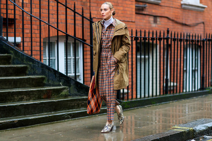 animal print, brown coat, brown jumpsuit, checked, earrings, flora macdonald johnston, graphic pants, grey shoes, high heels, leather bag, leather shoes, orange bag, orange jumpsuit, plaid, printed pants, snake print, trousers, turtleneck sweater, white sweater, LONDON, LFW, fashion week, frenchystyle, FW, jonathan paciullo, street style, AUTUMN WINTER 2019-2020, AW 19-20, FW 19-20, FALL WINTER 2019-2020, horizontal, atmosphere details, full length