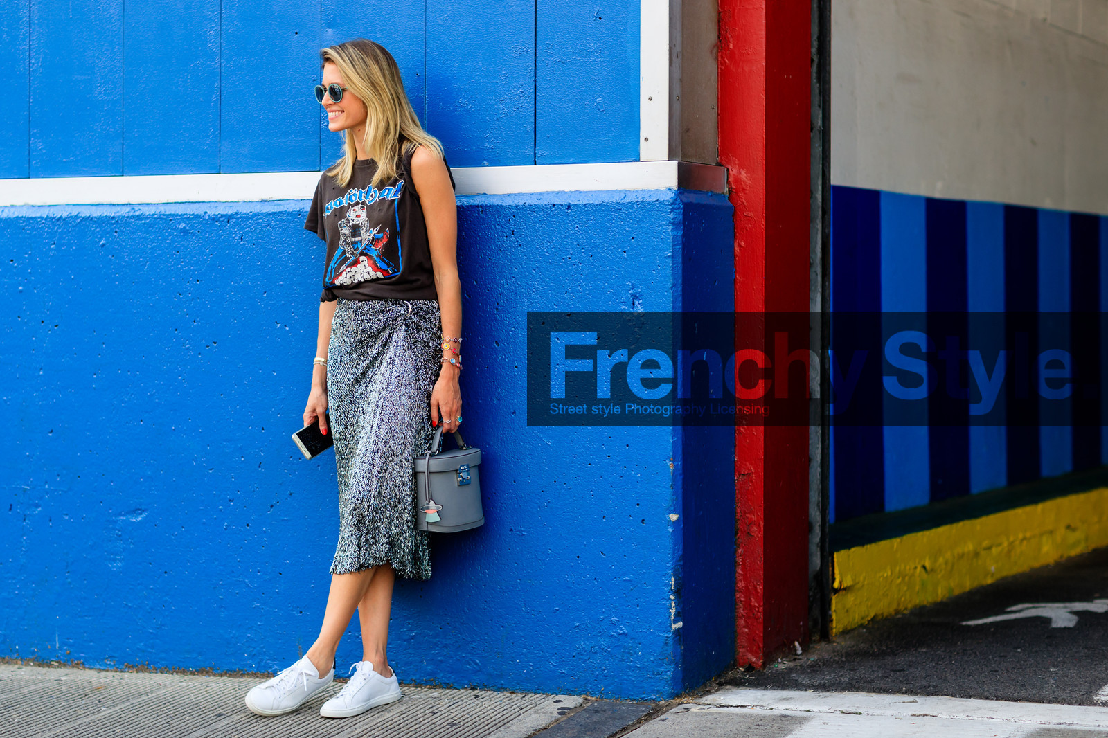 atmosphere details, black t shirt, fashion week, frenchystyle, full length, FW, grey bag, grey skirt, helena bordon, horizontal, jonathan paciullo, leather bag, leather sneakers, NEW YORK, NYFW, printed t shirt, SPRING SUMMER 2017, SS 17, street style, sunglasses, white sneakers, woman