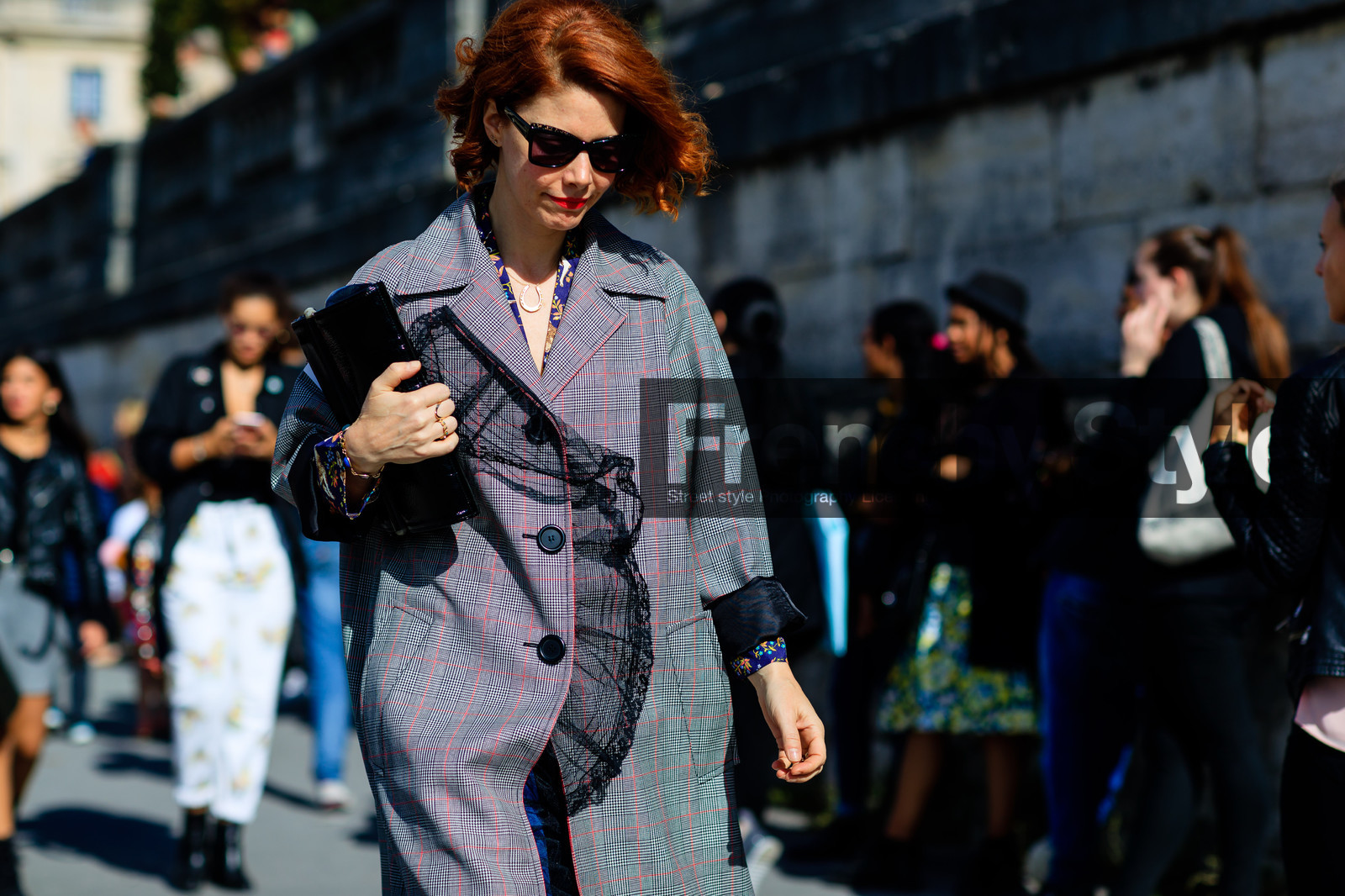 atmosphere details, black and white, black bag, checked coat, detail, fashion week, frenchystyle, FW, gingham, graphic coat, horizontal, jonathan paciullo, lace, leather bag, PARIS, PFW, plaid, printed coat, SPRING SUMMER 2017, SS 17, street style, sunglasses