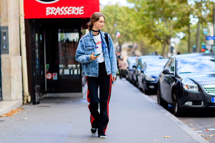 atmosphere details, black pants, blue denim, choker, denim jacket, fashion week, frenchystyle, full length, FW, gosha rubchinskiy, horizontal, jonathan paciullo, leather shoes, liza ostanina, model, necklace, PARIS, PFW, printed t shirt, SPRING SUMMER 2017, SS 17, street style, striped pants, trousers, white t shirt