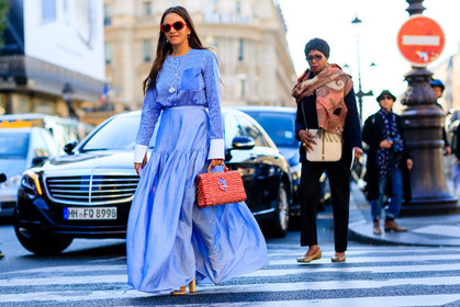 atmosphere details, blue shirt, blue skirt, fashion week, frenchystyle, full length, FW, horizontal, jonathan paciullo, laure heriard dubreuil, leather bag, PARIS, PFW, red bag, SPRING SUMMER 2017, SS 17, street style, striped shirt, sunglasses