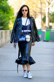 adidas, black and white, black bra, black jacket, black perfecto, black skirt, black top, blue bag, choker, crop top, fashion week, fluffy bag, frenchystyle, full length, FW, jonathan paciullo, leather bag, leather jacket, leather perfecto, leather shoes, leather skirt, necklace, over the shoulder, PARIS, PFW, red lips, SPRING SUMMER 2017, SS 17, street style, sunglasses, superstar sneakers, vertical, white fur, white sneakers, white t shirt