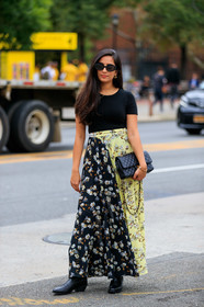 bicolor skirt, black bag, black shoes, black t shirt, chanel handbag, floral, flowers, graphic skirt, high waist, leather bag, leather shoes, off white, printed skirt, sunglasses, street style, jonathan paciullo, FW, frenchystyle, fashion week, NEW YORK, NYFW, SPRING SUMMER 2020, SS 20, vertical, full length
