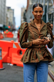 blue denim, brown jacket, denim pants, jeans, leather bag, loewe, trousers, white bag, street style, jonathan paciullo, FW, frenchystyle, fashion week, NEW YORK, NYFW, SPRING SUMMER 2020, SS 20, vertical, detail, atmosphere details