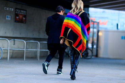black pants, black shoes, graphic jacket, high heels, leather pants, leather shoes, multicolor jacket, poncho, printed jacket, stripes, trousers, street style, jonathan paciullo, FW, frenchystyle, fashion week, LFW, LONDON, AUTUMN WINTER 2018-2019, AW 18-19, FALL WINTER 2018-2019, FW 18-19, horizontal, atmosphere details, detail