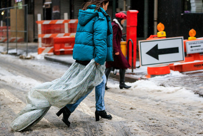 black shoes, blue denim, blue jacket, denim pants, down jacket, floral, flowers, graphic dress, grey dress, high heels, jeans, leather shoes, printed dress, ruffles, trousers, street style, jonathan paciullo, frenchystyle, NYFW, NEW YORK, AUTUMN WINTER 2019-2020, AW 19-20, FALL WINTER 2019-2020, FW 19-20, FW, fashion week, atmosphere details, horizontal, detail