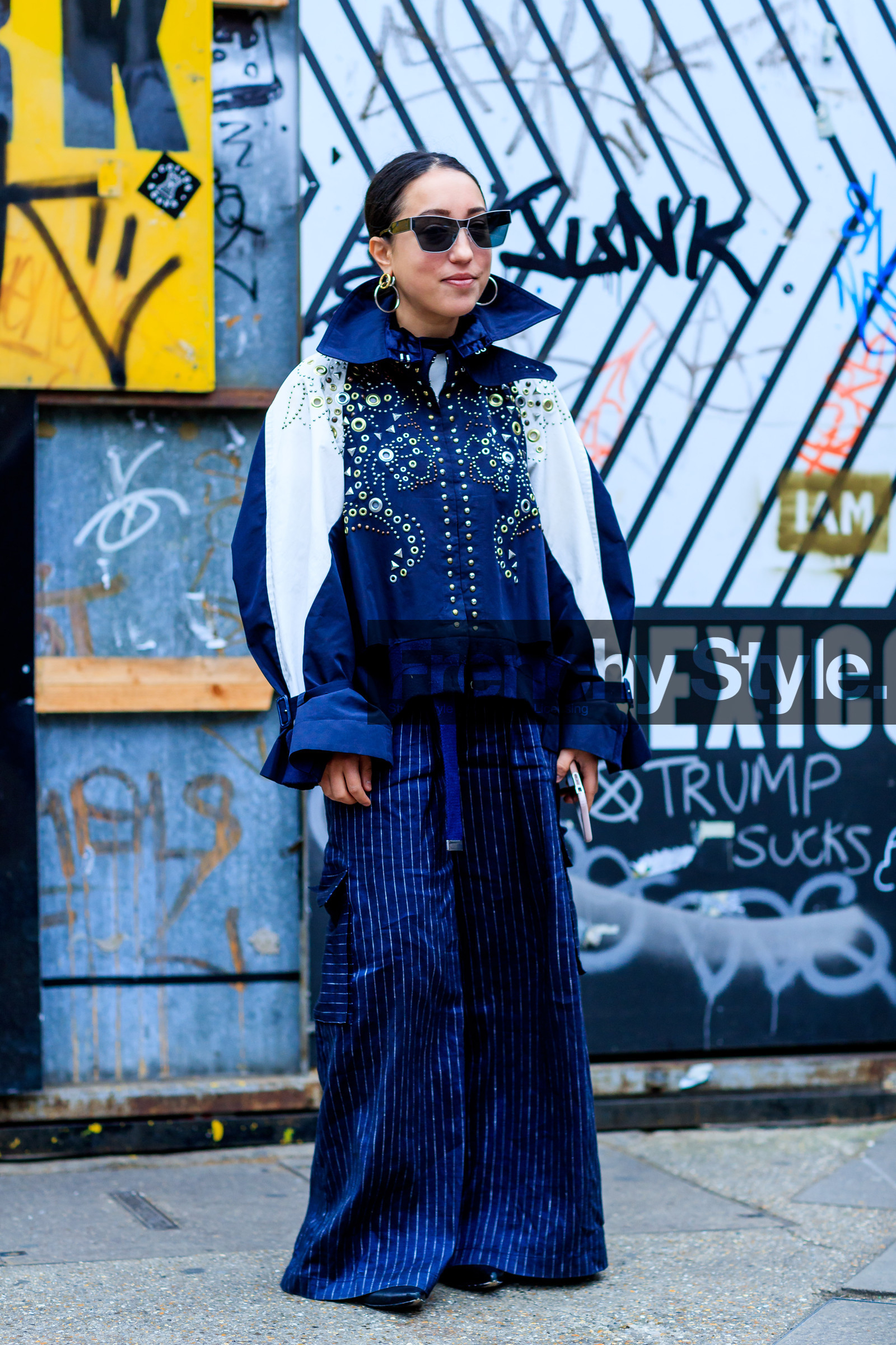 AUTUMN WINTER 2017-2018, AW 17-18, blue jacket, blue pants, embroidered jacket, embroideries, FALL WINTER 2017-2018, fashion week, frenchystyle, full length, FW, FW 17-18, graphic jacket, jonathan paciullo, LFW, LONDON, street style, striped pants, studs, sunglasses, trousers, vertical, wide pants