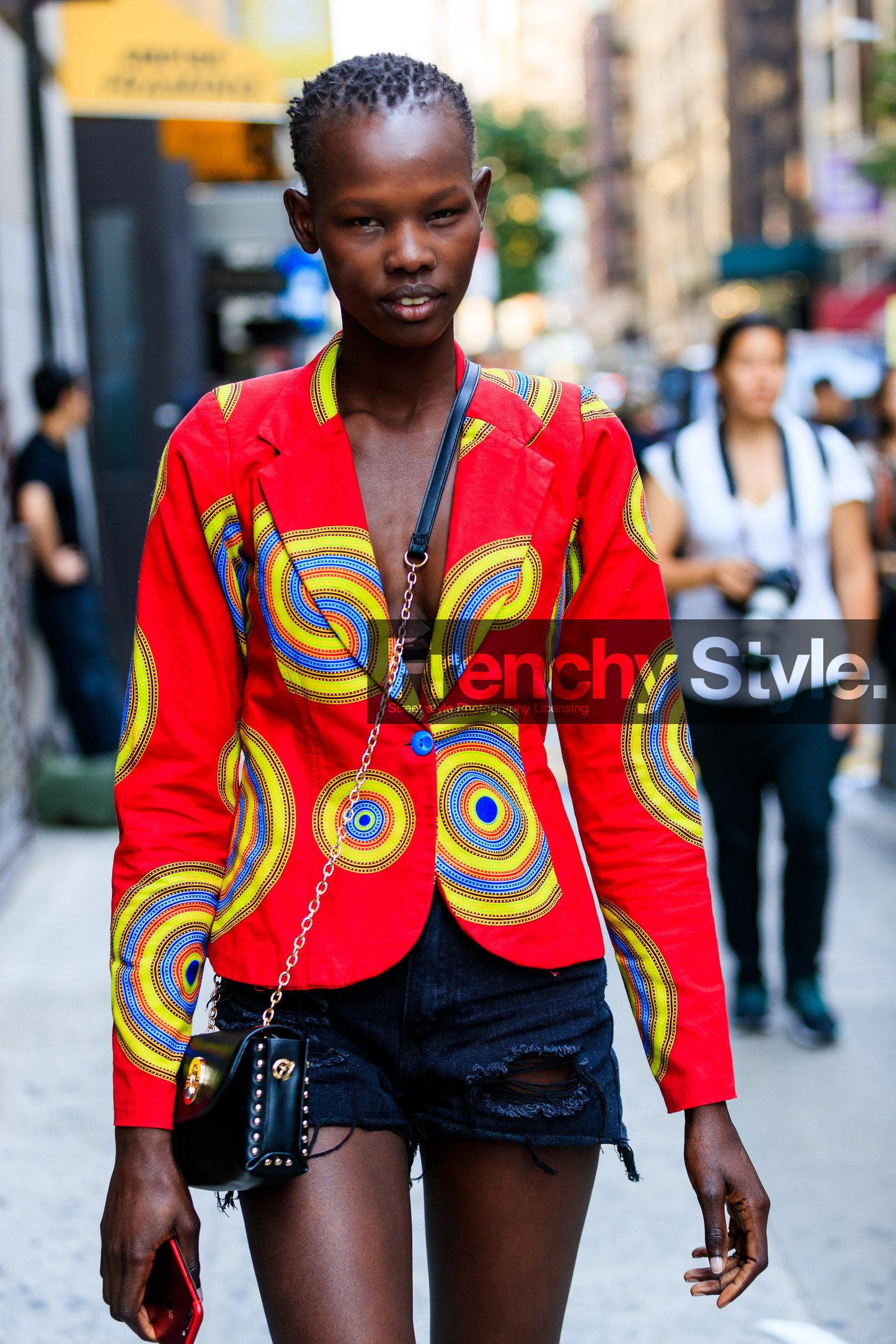 atmosphere details, black bag, black denim, blazer, denim shorts, detail, fashion week, frenchystyle, FW, jonathan paciullo, leather bag, model, NEW YORK, NYFW, printed jacket, psychedelic, red jacket, SPRING SUMMER 2018, SS 18, street style, studs, vertical