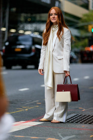 bordeaux, burgundy, leather bag, leather shoes, red bag, trousers, white bag, white jacket, white pants, white suit, street style, jonathan paciullo, FW, frenchystyle, fashion week, NEW YORK, NYFW, SPRING SUMMER 2020, SS 20, vertical, full length
