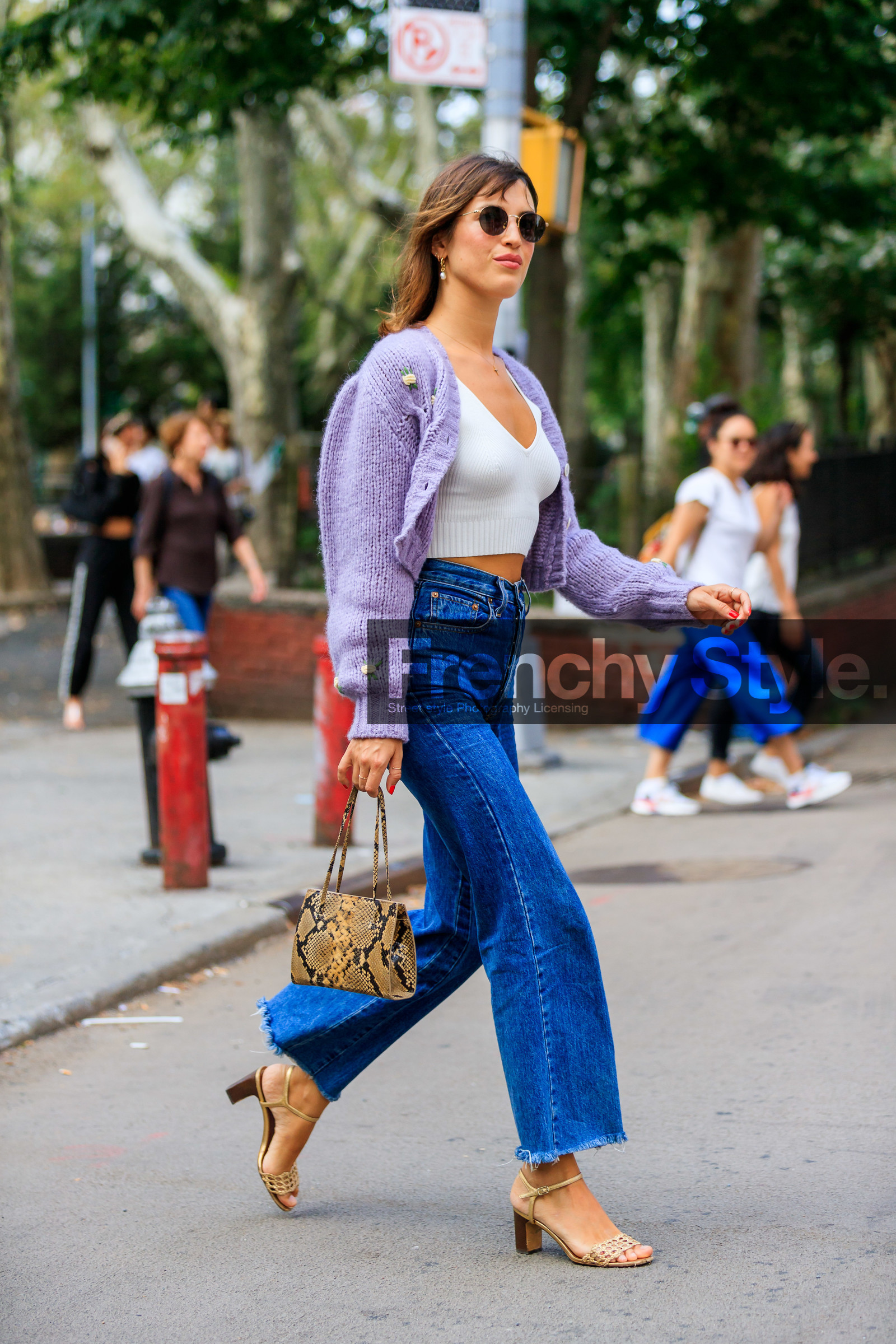 animal print, beige bag, blue denim, cardigan, crop top, denim pants, high heels, high waist, jeanne damas, jeans, leather bag, leather shoes, nude sandals, purple sweater, snake print, sunglasses, trousers, white top, street style, jonathan paciullo, FW, frenchystyle, fashion week, NEW YORK, NYFW, SPRING SUMMER 2020, SS 20, vertical, full length