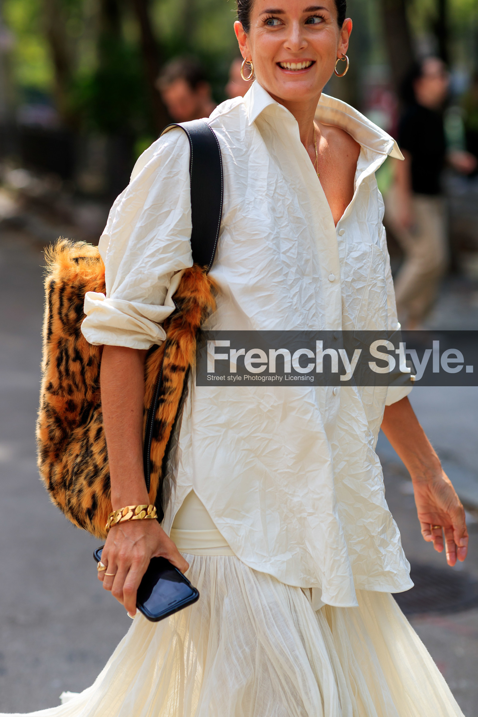 bracelet, brown bag, fur bag, Lucy Chadwick, white shirt, white skirt, street style, jonathan paciullo, FW, frenchystyle, fashion week, NEW YORK, NYFW, SPRING SUMMER 2020, SS 20, vertical, detail, atmosphere details