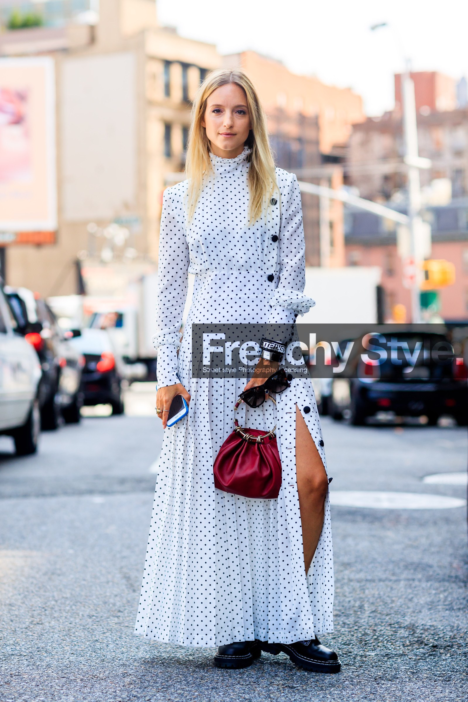 black shoes, bracelet, Charlotte Groeneveld, fashion week, frenchystyle, full length, FW, graphic dress, jonathan paciullo, leather bag, leather shoes, NEW YORK, NYFW, pleats, polka dot, printed dress, red bag, SPRING SUMMER 2018, SS 18, street style, vertical, white dress