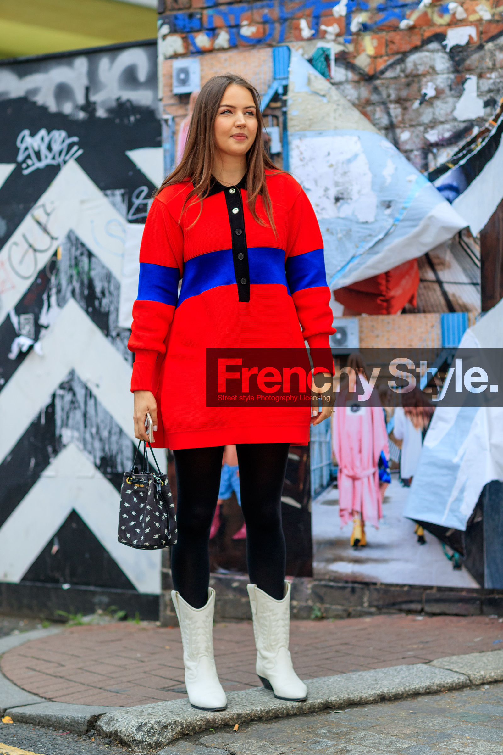 black bag, black leggings, celenie laura fleur, cowboy boots, fashion week, frenchystyle, full length, FW, graphic bag, jonathan paciullo, leather bag, leather shoes, LFW, LONDON, printed bag, printed sweater, red sweater, SPRING SUMMER 2018, SS 18, street style, trousers, vertical, white boots