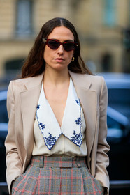 erika boldrin, light beige jacket, white shirt, checked pants, grey pants, red pants, plaid pants, high waist pants, low necked shirt, floral embroidered shirt, floral embroidered collar, red sunglasses, butterfly sunglasses, bottega veneta sunglasses, miu miu look, miu miu pants, miu miu shirt, golden earrings, hoop earrings, fashion week, frenchystyle, FW, jonathan paciullo, street style, PFW, PARIS, vertical, atmosphere details, detail