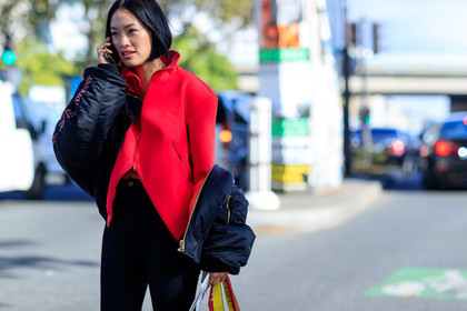atmosphere details, black denim, black jacket, black pants, bomber jacket, detail, fashion week, frenchystyle, FW, horizontal, jonathan paciullo, off the shoulder, off white, PARIS, PFW, red bag, red sweater, SPRING SUMMER 2017, SS 17, street style, tiffany hsu, trousers, vêtements