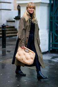 beige bag, black shoes, blue denim, brown coat, checked, denim pants, graphic jacket, jeanette madsen, jeans, leather bag, leather shoes, maison martin margiela, plaid, printed jacket, trousers, LONDON, LFW, fashion week, frenchystyle, FW, jonathan paciullo, street style, AUTUMN WINTER 2019-2020, AW 19-20, FW 19-20, FALL WINTER 2019-2020, vertical, full length