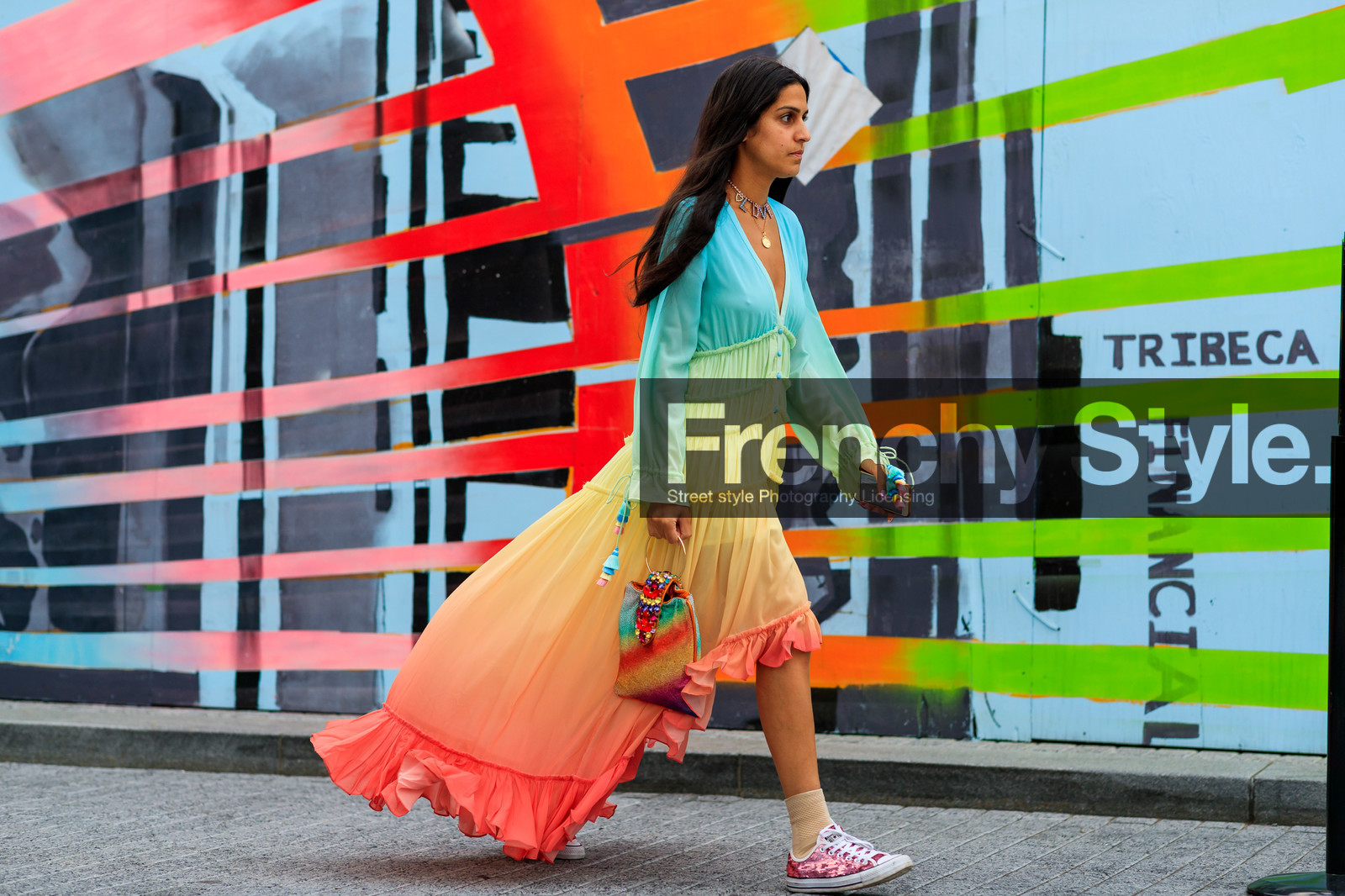 converse, graphic bag, graphic dress, leather bag, leather shoes, multicolor bag, multicolor dress, necklace, pink shoes, printed bag, printed dress, rainbow, street style, jonathan paciullo, FW, frenchystyle, fashion week, NEW YORK, NYFW, SPRING SUMMER 2020, SS 20, horizontal, atmosphere details, full length
