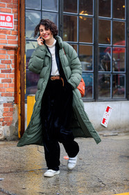 black pants, brown belt, down jacket, green coat, leather belt, leather shoes, trousers, velvet, white sneakers, white sweater, street style, jonathan paciullo, FW, frenchystyle, fashion week, NYFW, NEW YORK, AUTUMN WINTER 2018-2019, AW 18-19, FALL WINTER 2018-2019, FW 18-19, vertical, full length