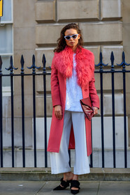 black shoes, fur collar, glitter, high heels, leather bag, leather shoes, pink coat, pink fur, red bag, sequined top, shiny top, sunglasses, trousers, white pants, white top, fashion week, frenchystyle, FW, jonathan paciullo, street style, LFW, LONDON, AUTUMN WINTER 2018-2019, AW 18-19, FALL WINTER 2018-2019, FW 18-19, vertical, full length
