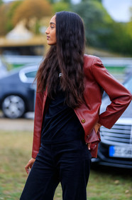 model, red leather jacket, black t-shirt, black jeans, denim, fashion week, frenchystyle, FW, jonathan paciullo, street style, SPRING SUMMER 2020, SS 20, PFW, PARIS, vertical, atmosphere details, detail