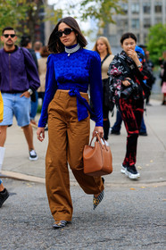 balenciaga, black and white shoes, blue top, camel bag, camel pants, choker, graphic shoes, houndstooth pattern, leather bag, leather shoes, necklace, pearls, printed shoes, silk shirt, sunglasses, trousers, turtleneck sweater, fashion week, frenchystyle, FW, jonathan paciullo, street style, NEW YORK, NYFW, SPRING SUMMER 2020, SS 20, vertical, full length