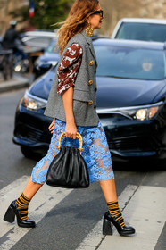 lace skirt, mid long skirt, light blue skirt, yellow socks, black socks, black leather bag, black leather shoes, striped socks, mary jane shoes, high heels shoes, big heels, hand bag, wood strap bag, miu miu socks, miu miu jacket, nodaleto shoes, checked jacket, grey jacket, sleeveless jacket, houndstooth printed jacket, brown shirt, printed shirt, golden earrings, big earrings, geometric shape earring, fashion week, frenchystyle, FW, jonathan paciullo, street style, PFW, PARIS, vertical, full length