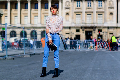 atmosphere details, black bag, black belt, black boots, blue denim, denim pants, Evangelie Smyrniotaki, fashion week, frenchystyle, full length, FW, high heels, horizontal, jeans, jonathan paciullo, lace top, leather bag, leather shoes, PARIS, PFW, SPRING SUMMER 2017, SS 17, street style, trousers, white top