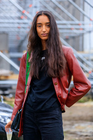 model, red leather jacket, black t-shirt, black jeans, denim, fashion week, frenchystyle, FW, jonathan paciullo, street style, SPRING SUMMER 2020, SS 20, PFW, PARIS, vertical, atmosphere details, detail
