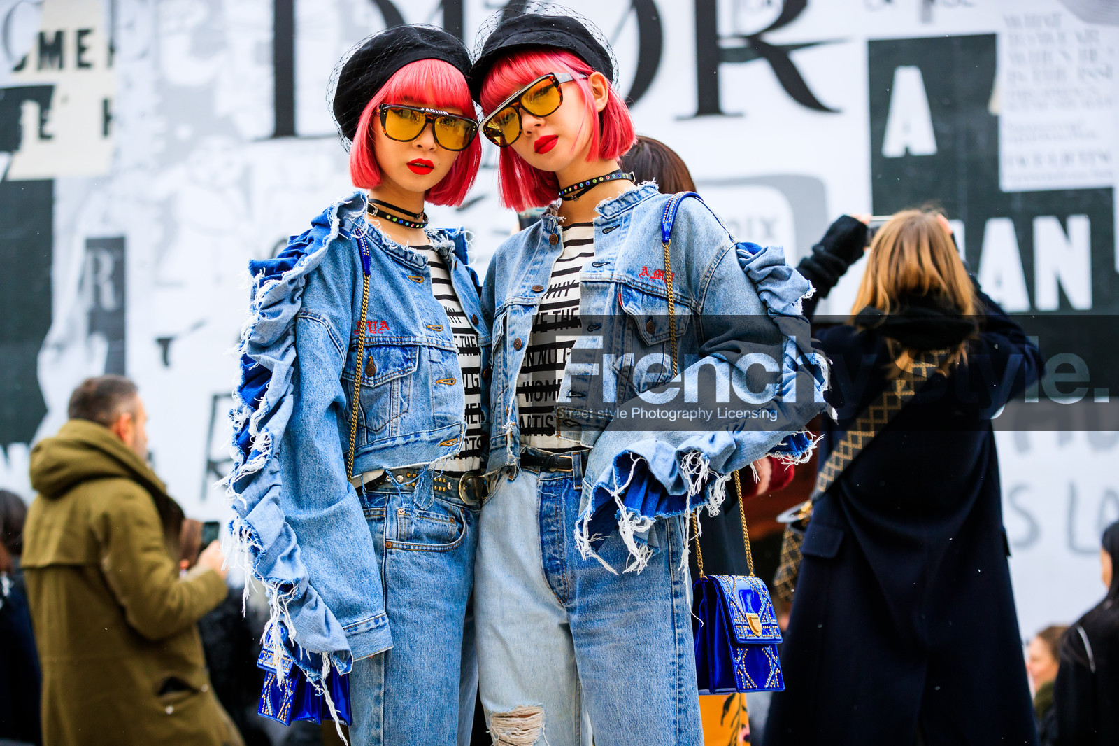 black cap, blue bag, blue denim, choker, denim jacket, denim pants, dyed hair, graphic jacket, graphic top, jeans, leather bag, necklace, pink hair, printed jacket, printed top, red lips, ripped pants, satin stitch, striped top, stripes, sunglasses, trousers, white top, fashion week, frenchystyle, FW, jonathan paciullo, street style, PFW, PARIS, AUTUMN WINTER 2018-2019, FALL WINTER 2018-2019, FW 18-19, horizontal, atmosphere details