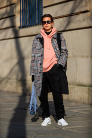black pants, blue bag, checked, fishnet, graphic jacket, grey coat, hoodie, leather shoes, pink sweater, plaid, printed jacket, sunglasses, tartan, trousers, white sneakers, street style, jonathan paciullo, FW, frenchystyle, fashion week, PFW, PARIS, AUTUMN WINTER 2018-2019, FALL WINTER 2018-2019, FW 18-19, vertical, full length, sylvia haghjoo