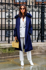 basket, blue coat, fur collar, high heels, leather bag, leather shoes, sunglasses, trousers, white boots, white jacket, white pants, white suit, street style, jonathan paciullo, FW, frenchystyle, fashion week, LFW, LONDON, AUTUMN WINTER 2018-2019, AW 18-19, FALL WINTER 2018-2019, FW 18-19, vertical, full length