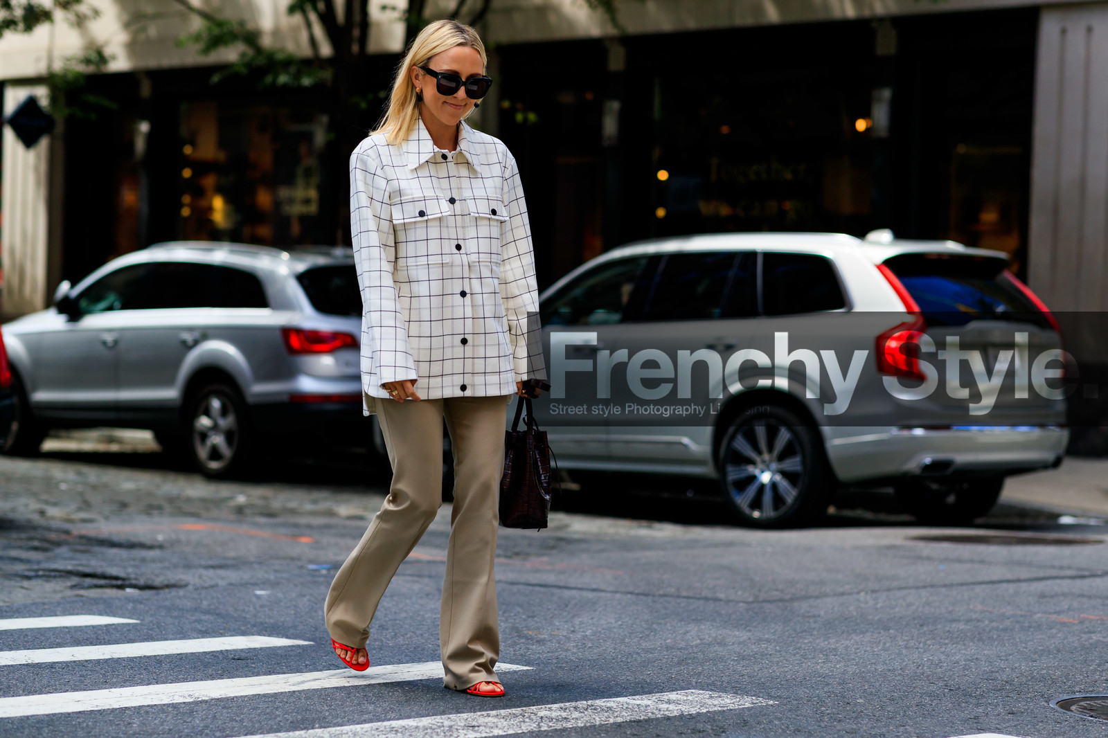 beige pants, black bag, brown bag, checked, graphic jacket, leather bag, leather shoes, plaid, printed jacket, red shoes, sunglasses, trousers, white jacket, white shirt, street style, jonathan paciullo, FW, frenchystyle, fashion week, NEW YORK, NYFW, SPRING SUMMER 2020, SS 20, horizontal, atmosphere details, full length