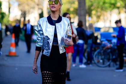 atmosphere details, black skirt, detail, embroidered skirt, fashion week, frenchystyle, FW, horizontal, jonathan paciullo, lala rudge, lala trussardi, leather bag, mirror effect, PARIS, PFW, shiny jacket, silver jacket, SPRING SUMMER 2017, SS 17, street style, sunglasses, teddy jacket