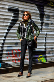 black bag, black pants, black shoes, brown bag, graphic jacket, green jacket, high heels, leather bag, leather shoes, printed jacket, rain jacket, saint laurent paris, sunglasses, trousers, street style, jonathan paciullo, FW, frenchystyle, fashion week, PFW, PARIS, AUTUMN WINTER 2018-2019, FALL WINTER 2018-2019, FW 18-19, vertical, full length, ece sukan