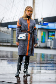 black shoes, brown belt, cowboy boots, graphic jacket, grey coat, high heels, leather bag, leather belt, leather shoes, orange, printed jacket, sunglasses, white bag, street style, jonathan paciullo, FW, frenchystyle, fashion week, NYFW, NEW YORK, AUTUMN WINTER 2018-2019, AW 18-19, FALL WINTER 2018-2019, FW 18-19, vertical, full length, Annabel Rosendahl