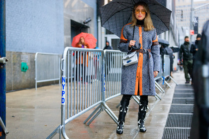 black shoes, brown belt, cowboy boots, graphic jacket, grey coat, high heels, leather bag, leather belt, leather shoes, orange, printed jacket, sunglasses, white bag, street style, jonathan paciullo, FW, frenchystyle, fashion week, NYFW, NEW YORK, AUTUMN WINTER 2018-2019, AW 18-19, FALL WINTER 2018-2019, FW 18-19, atmosphere details, horizontal, full length, Annabel Rosendahl