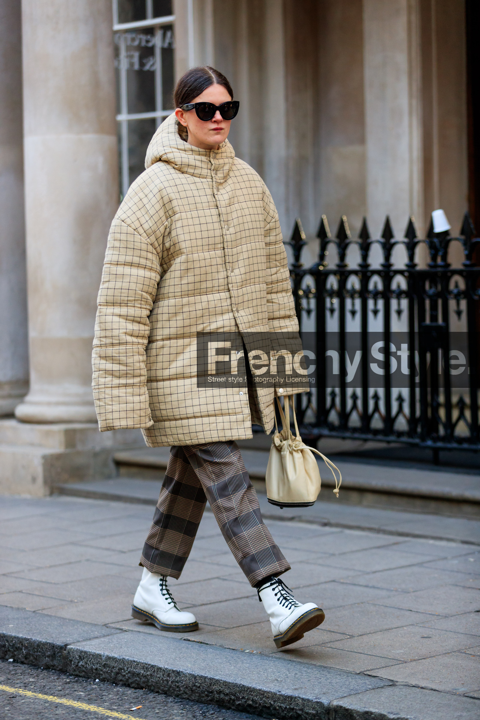 brown pants, checked, down jacket, graphic jacket, graphic pants, leather bag, leather shoes, plaid, printed jacket, printed pants, sunglasses, trousers, white boots, yellow bag, yellow jacket, street style, jonathan paciullo, FW, frenchystyle, fashion week, LFW, LONDON, AUTUMN WINTER 2018-2019, AW 18-19, FALL WINTER 2018-2019, FW 18-19, vertical, full length