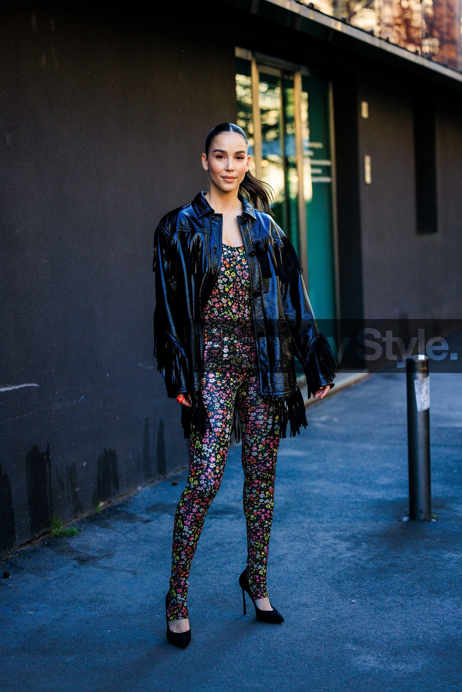 ruffle jacket, black jacket, flower jumpsuit, multicolor jumpsuit, black stilletos, fashion week, frenchystyle, FW, jonathan paciullo, street style, vertical, full length