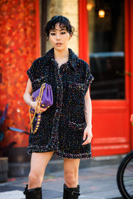 fringe hair, sparkling dress, black dress, mini dress, purple handbag, valentino handbag, tatoos, smoky eyes, street style, jonathan paciullo, FW, frenchystyle, fashion week, AUTUMN WINTER 2022-2023, FALL WINTER 2022_2023, FW 22-23, PARIS, PFW, vertical, detail