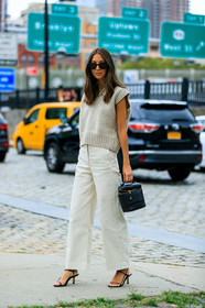 beige sweater, black bag, black shoes, chanel handbag, high heels, high waist, leather bag, leather shoes, sleeveless, sunglasses, the row, trousers, white pants, street style, jonathan paciullo, FW, frenchystyle, fashion week, NEW YORK, NYFW, SPRING SUMMER 2020, SS 20, vertical, full length