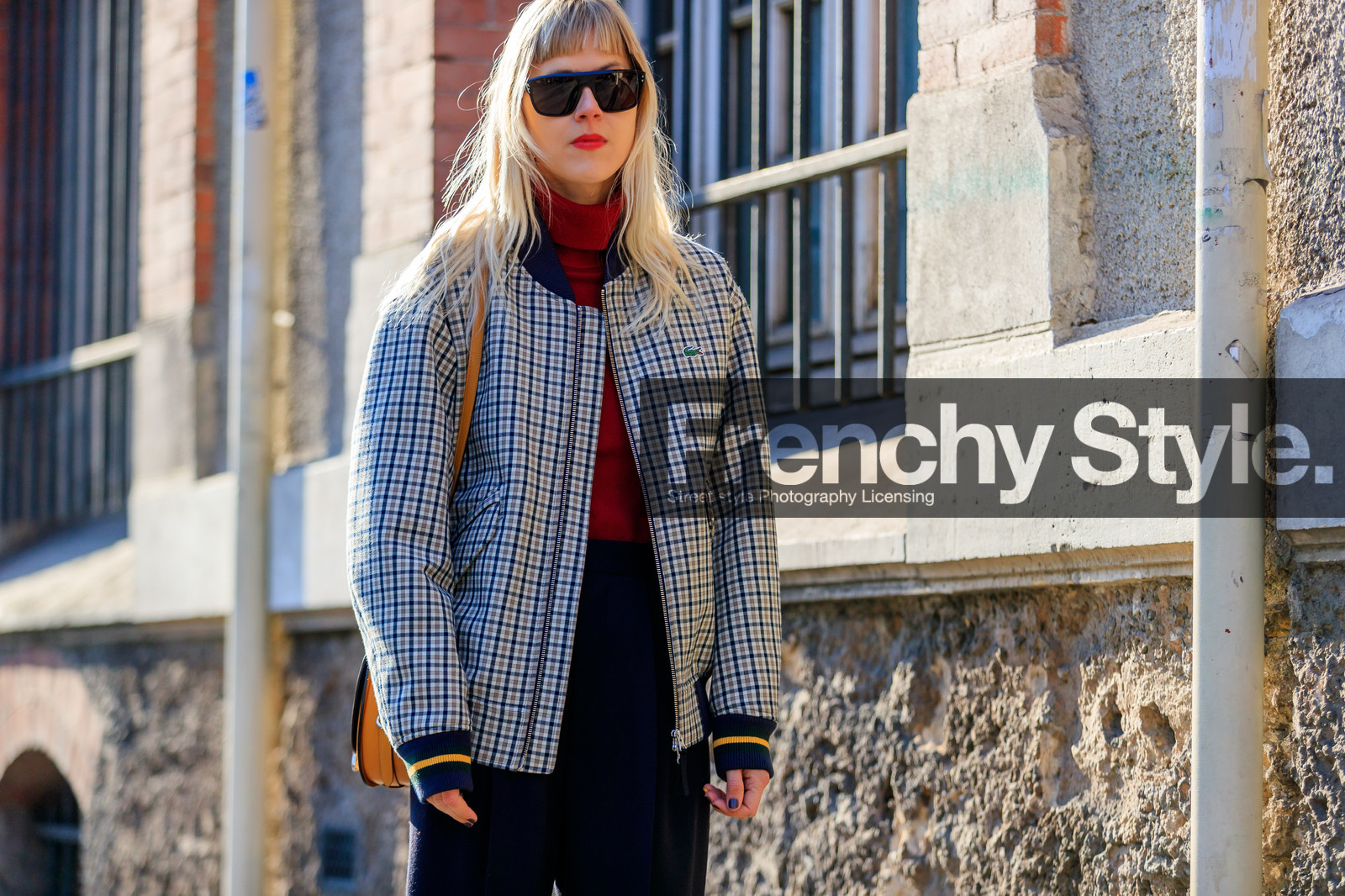 checked, graphic jacket, grey jacket, lacoste, navy pants, plaid, printed jacket, red sweater, sunglasses, teddy jacket, trousers, turtleneck sweater, street style, jonathan paciullo, FW, frenchystyle, fashion week, PFW, PARIS, AUTUMN WINTER 2018-2019, FALL WINTER 2018-2019, FW 18-19, horizontal, atmosphere details, linda tol