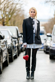 black jacket, black shoes, blazer, embroideries, graphic dress, high boots, high heels, leather bag, leather shoes, polka dot, printed dress, red bag, ruffles, tights, valentino, street style, jonathan paciullo, FW, frenchystyle, fashion week, PFW, PARIS, AUTUMN WINTER 2018-2019, FALL WINTER 2018-2019, FW 18-19, vertical, full length, caro daur