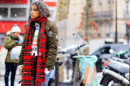 blue denim, checked, denim pants, down jacket, green jacket, jeans, plaid, red scarf, tartan, trousers, white sweater, fashion week, frenchystyle, FW, jonathan paciullo, street style, PFW, PARIS, AUTUMN WINTER 2018-2019, FALL WINTER 2018-2019, FW 18-19, horizontal, atmosphere details