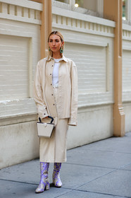 beige bag, beige jacket, beige skirt, brocard boots, earrings, graphic shoes, high boots, high heels, leather bag, leather jacket, leather shoes, leather skirt, necklace, printed shoes, purple boots, silver shoes, white bag, white t shirt, street style, jonathan paciullo, FW, frenchystyle, fashion week, NEW YORK, NYFW, SPRING SUMMER 2020, SS 20, vertical, full length