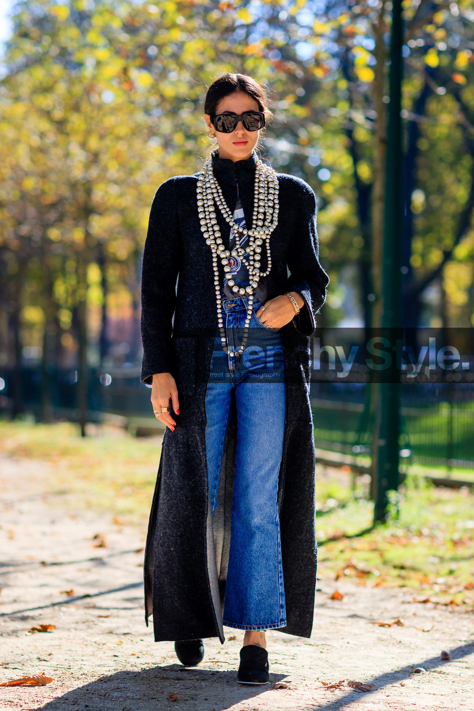 black shoes, blue denim, chanel, denim pants, fashion week, frenchystyle, full length, FW, gilda ambrosio, jeans, jonathan paciullo, leather shoes, long coat, navy coat, necklace, PARIS, pearls, PFW, SPRING SUMMER 2017, SS 17, street style, sunglasses, trousers, vertical, wool coat
