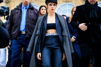 black and white, black bra, black hat, black jacket, black pants, black suit, blazer, checked, christian dior, earrings, graphic jacket, houndstooth pattern, over the shoulder, plaid, printed jacket, trousers, street style, jonathan paciullo, FW, frenchystyle, fashion week, PFW, PARIS, AUTUMN WINTER 2018-2019, FALL WINTER 2018-2019, FW 18-19, horizontal, atmosphere details, model, cara delevingne