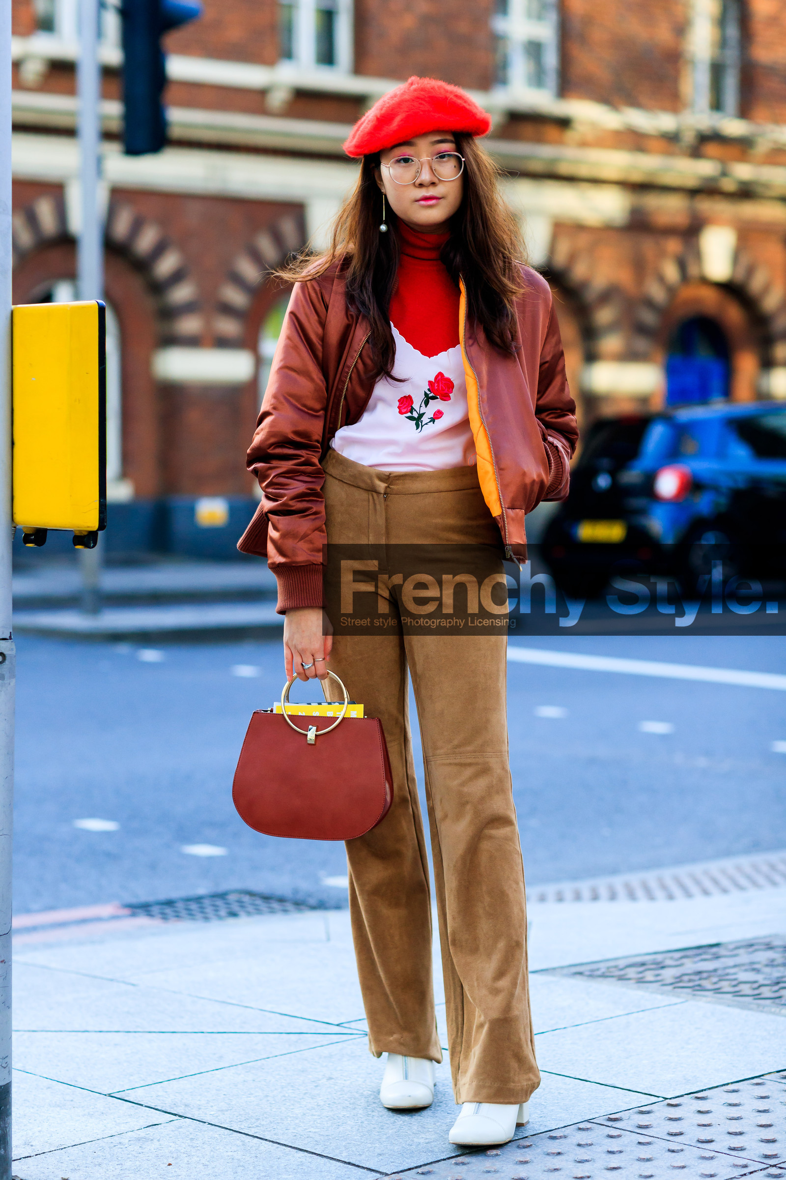 AUTUMN WINTER 2017-2018, AW 17-18, beret, bomber jacket, brown pants, FALL WINTER 2017-2018, fashion week, frenchystyle, full length, FW, FW 17-18, jonathan paciullo, leather bag, leather shoes, LFW, LONDON, red bag, red hat, red jacket, red sweater, street style, trousers, vertical, white boots