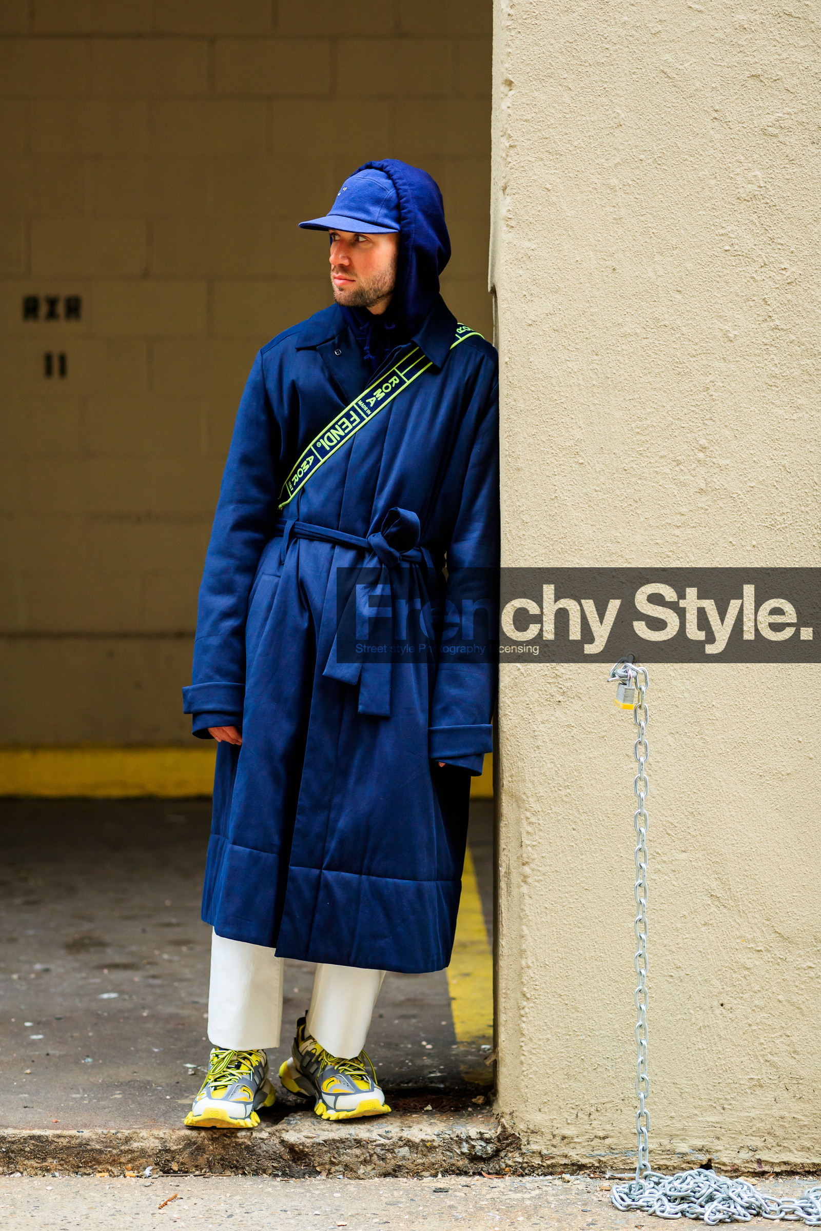 alice & j.s, blue cap, blue coat, fendi, hood, leather shoes, trousers, yellow sneakers, street style, jonathan paciullo, frenchystyle, NYFW, NEW YORK, AUTUMN WINTER 2019-2020, AW 19-20, FALL WINTER 2019-2020, FW 19-20, fashion week, FW, vertical, full length